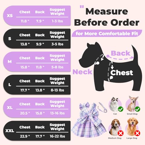 PETCARE Cute Dog Dress Clothes for Small Dogs Cats Girl Female Purple Plaid Bow Tie Dog Harness Dresses Leash Set with Pea...