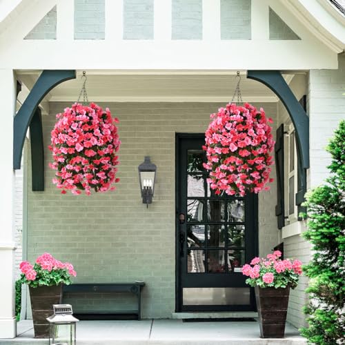 INQCMY Artificial Hanging Flowers Basket for Outdoors Spring Summer Decoration,Faux Silk Begonia in Planter Look Real UV R...