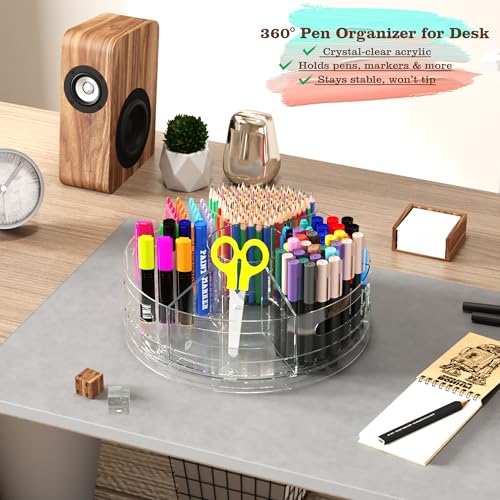 CraftGenes 2 Packs Pen Organizer for Desk - Acrylic Pen Holder with Hand Grips, 360° Extra Large Rotating Desk Organizer w...