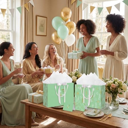 woric 13.7''Gift Bags Set of 2 Large Sage Green Bags for Women with Handles Tissue Paper Cards for Mother's Day Weddings B...