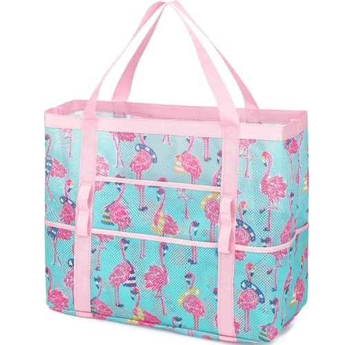 Fammart Mesh Beach Bag for Women, Large Beach Toy Pool Bag with Zipper Pocket, SandProof Cruise Essentials 2026 Family Travel