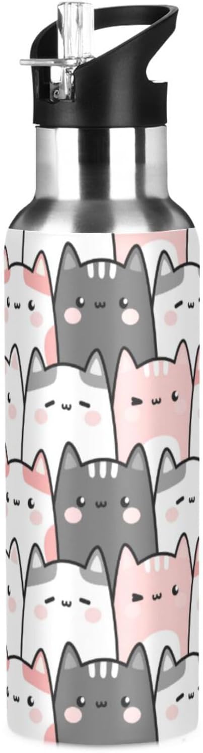 Cute Cats Kittens Water Bottle Kids Insulated Girls Boys Stainless Steel Hot Cold Water Flask with Straw Lid for Sports Gy...