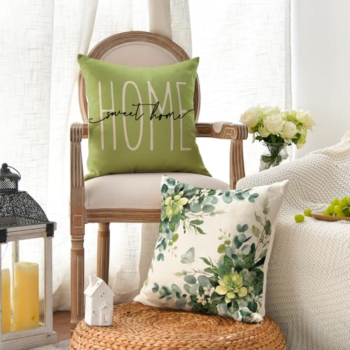 AVOIN Colorlife Home Sweet Home Eucalyptus Leaves Green Throw Pillow Covers, 18x18 Inch Spring Summer Seasonal Decorations...