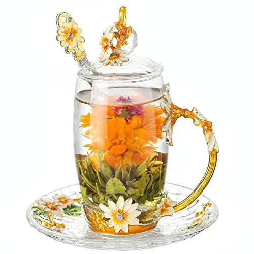 LANTREE Floral Yellow 12oz Hand Painted Glass Teacup with Lid, Spoon & Saucer - Gift for Mom, Teacher, Lovers - Christmas,...