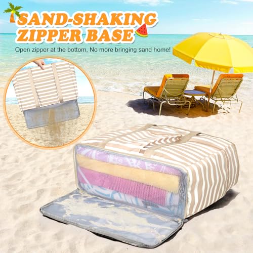TEUEN Large Beach Bag with Zipper, 12 Pockets Waterproof Sandproof Pool Bag Womens Mesh Beach Tote Bag for Travel Vacation