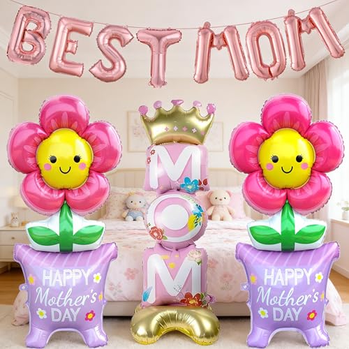 11Pcs Happy Mother's Day Balloons Set, 16Inch and 60Inch BEST MOM Large Standing Flower Foil Balloons for Mothers Day Cele...