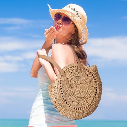 Pleneal Straw Beach Bags for Women - Women Beach Handmade Woven Tote Bag, Summer Mesh Hollow Shoulder Bag for Holiday