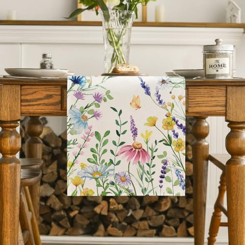 Artoid Mode Daisy Eucalyptus Lavender Floral Leaves Summer Table Runner, Spring Kitchen Dining Table Decoration for Home P...