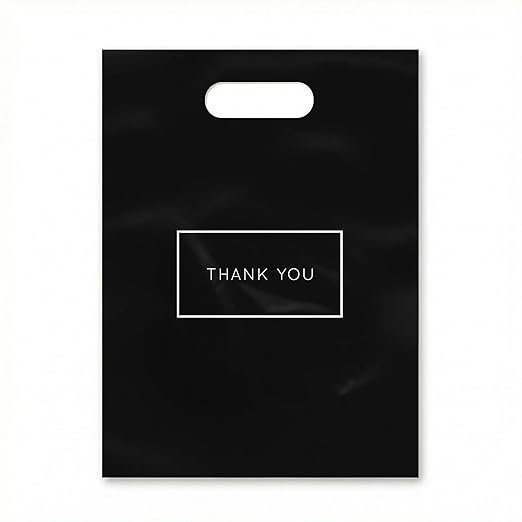Purple Q Crafts Die Cut Plastic Shopping Bags with Thank You Logo 9" x 12" Boutique Bags with Handles 50 Pack for Merchand...