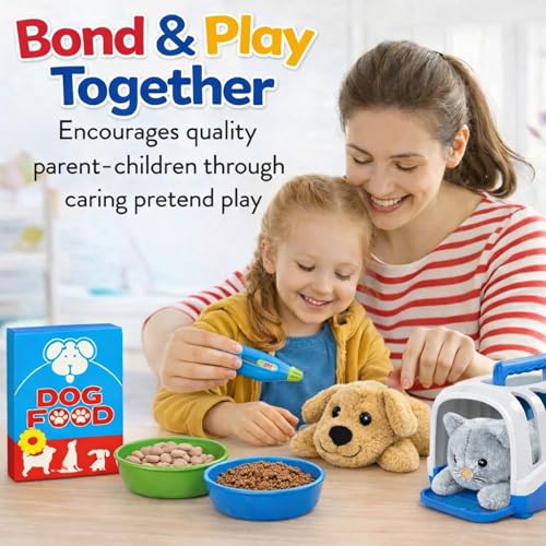 34-Piece Kids Pretend Vet Playset, Veterinarian Role Play Doctor Toy Kit with Plush Dog & Cat, Pet Care Grooming Set with ...