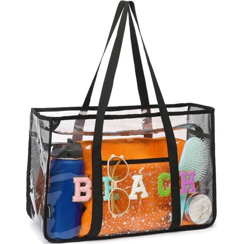 Fammart Clear Beach Bag for Women, Large Pool Tote Cruise Vacation Essentials - Zipper Closure, Waterproof, Sandproof