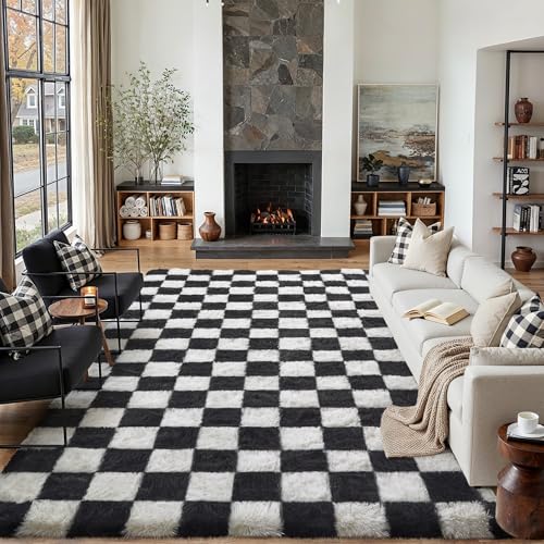 PureCozy Checkered Rug 8x10 for Living Room, Black and White Modern Shag Rugs Super Soft Washable Indoor Office Fuzzy Carp...