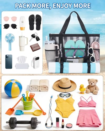 WANDF Mesh Beach Bag for Women, Large Beach Tote Bags with 40oz Tumbler Side Pockets, Family Pool Bag for Swim Toys Towels...