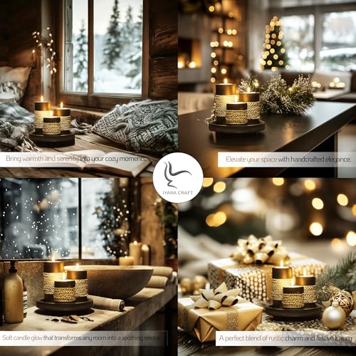 IYARA CRAFT Tealight Candle Holders with Tray – Set of 3 Rustic Black Wooden Candle Holders with Natural Rope Accent, Cozy...