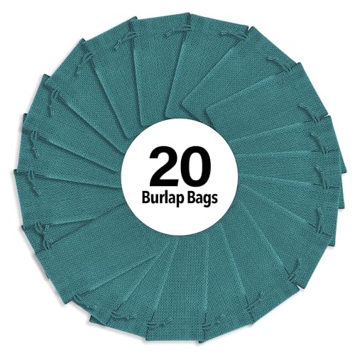 Mandala Crafts 7X9 Inch Teal Burlap Drawstring Gift Bags for Favors - 20 Medium Linen Sacks Gift Pouches for Candy, Coffe...