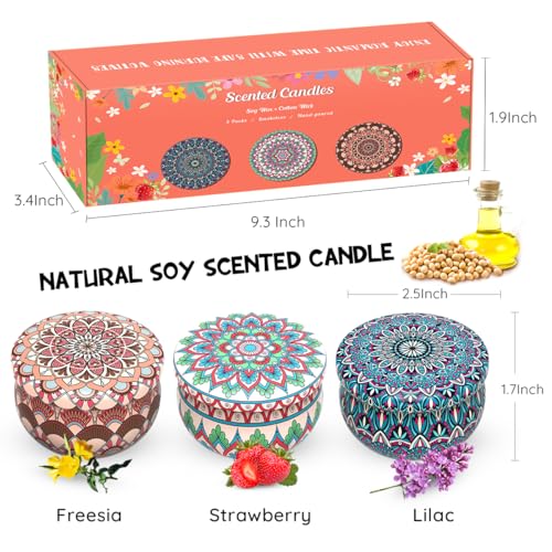 Set of 3 Scented Candles Gift Set for Women Home Decor, Decorative Small 2.5oz Natural Soy Wax Freesia, Lilac and Strawber...