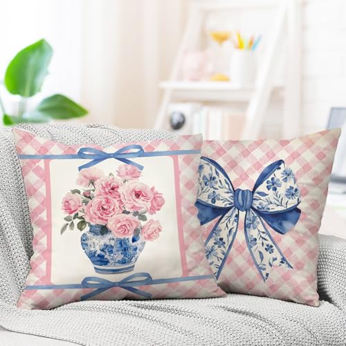 Fjfz Pink Rose Flower Bow Decorative Throw Pillow Covers 18 x 18 Set of 2, Chinoiserie Blue and White Porcelain Floral Coq...