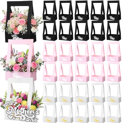 PerKoop 30 Pcs Mother's Day Flower Box for Arrangement Bouquet Bags for Flowers Gift Bags with Handle Waterproof Packaging...