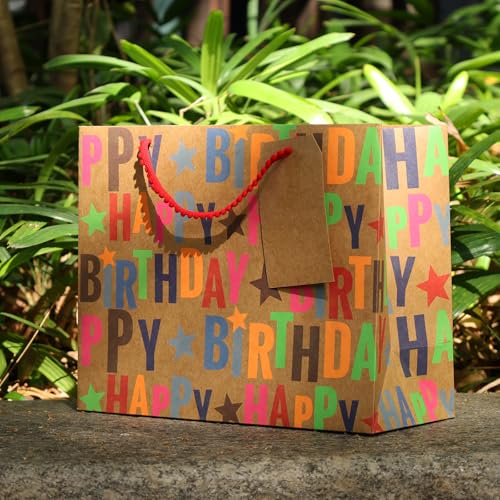 LaRibbons 13" Large Kraft Birthday Gift Bag with Tissue Paper and Greeting Card, Colorful Text Happy Birthday and Stars De...