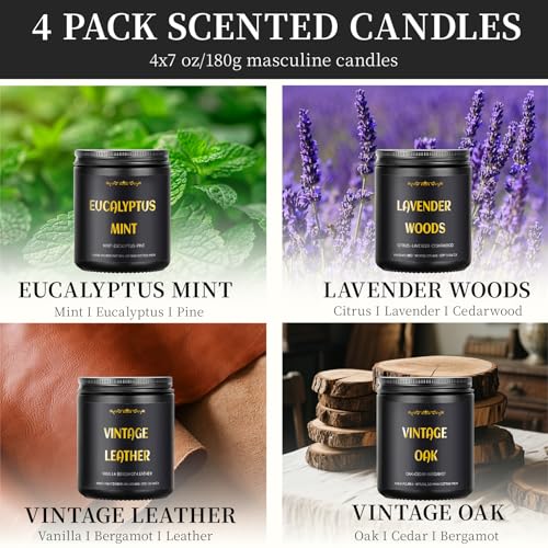 Scented Candles for Men, 4 Pack Mens Candle Set, Soy Candles for Home Scented, Masculine Candle Gifts for Him, 28oz, 200 H...