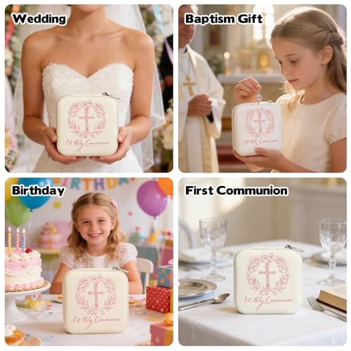 2 Pcs First Communion Travel Jewelry Box, Small Zippered Jewelry Case with Soft Lining, White Square Keepsake Box for Ring...