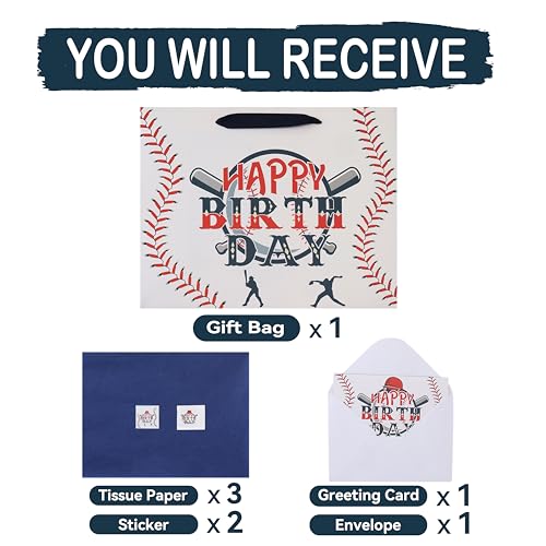 wishinside 13” Large Baseball Happy Birthday Gift Bag Set with Handles, Greeting Card, Tissue Papers and Stickers for Boys...