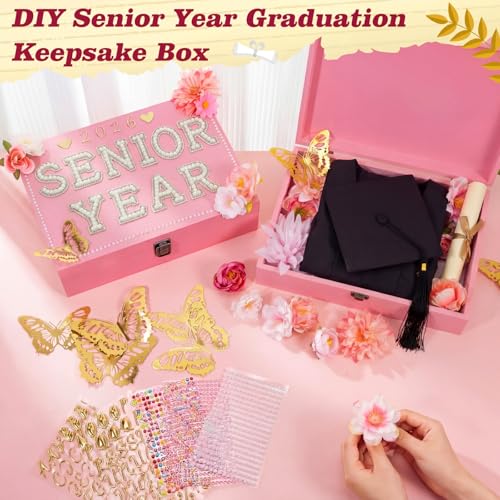 Yousoontic 50 Pcs DIY 2026 Senior Year Graduation Keepsake Box Decoration Kit, Memory Wooden Box Faux Flower 3D Butterfly ...