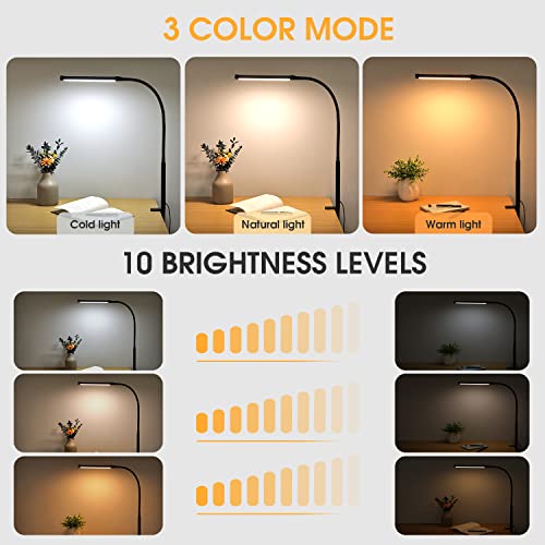 Voncerus LED Desk Lamp with Clamp, Eye-Caring Clip on Lights for Home Office, 3 Modes 10 Brightness, Long Flexible Goose-N...
