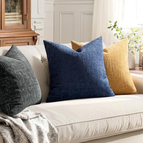 MIULEE Decorative Throw Pillow Covers 18x18 Pack of 2 Navy Blue Couch Pillow Covers Soft Cozy Textured Chenille Pillowcase...