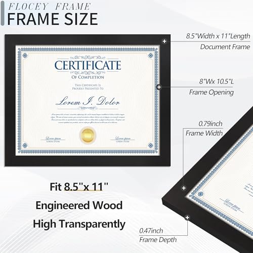 Flocey 8.5x11 Picture Frame set of 6, Multi Certificate 8.5 by 11 Picture Frames Bulk, Document Diploma Award Frame for Wa...