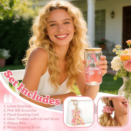 YSDZDM Personalized Initial Gifts Set For Women Customized Monogrammed Glass Cups with Bamboo Lids and Straws Cute Floral ...