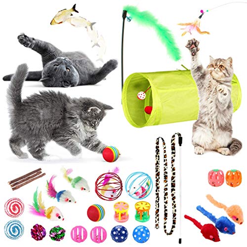 SunGrow Cat Tunnel and Assorted Activity Variety Pack, Interactive Kitten Accessories, for Indoors, Teaser Wand, Crinkle B...