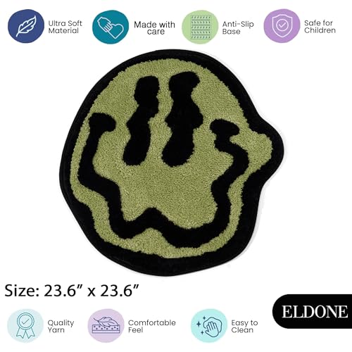 ELDONE Trippy Happy Face Bath Mat Green- Cool Rugs for Bedroom, Cute Bath Mat, Hippie Rug Non-Slip, Sage Green Fun Funky T...