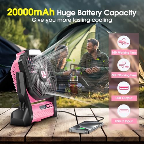 Peouix Portable Rechargeable Fan, 20000mAh Cordless Battery Powered Camping Tent Fans with LED Lantern, Small USB C Operat...