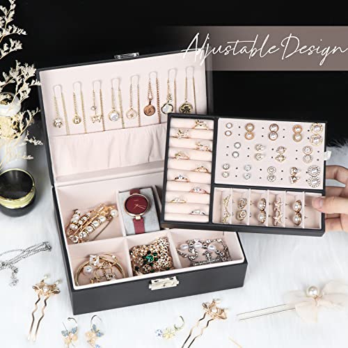 Jewelry Box for Women Girls, 2 Layers Jewelry Organizer Container with Lock, PU Leather Storage Case with Removable Tray, ...