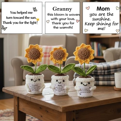 Positive Crochet Sunflower Gift Set of 3 with Message Cards – Emotional Support Handmade Flower, Thank You Appreciation Fa...