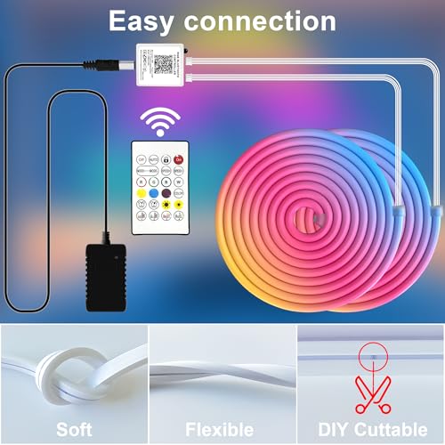 Cozylady 40Ft (20Ft *2 Rolls) RGB LED Neon Rope Lights for Bedroom, 12m LED Strip Lamp with Double Sided Adhesive Tape, Ap...