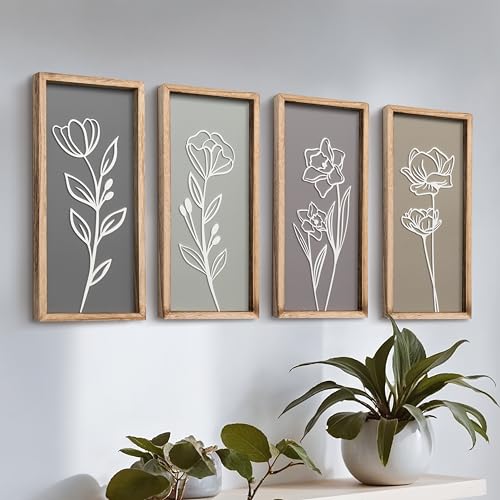 3D Wooden Floral Bathroom Wall Decor (Set of 4) Lightweight, Ready-to-Hang Framed Wall Art For Living Room, Bedroom, or Of...