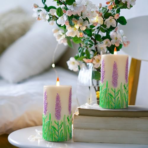 QQFCTOO Lavender Embossed flameless Candle with Flickering Flame - Battery-Operated Candle with Remote Timer - Real Wax - ...