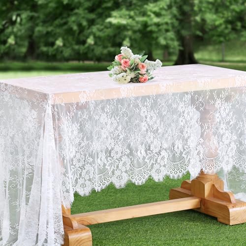 B-COOL White Lace Tablecloth 60 X120 Inches Rectangle Vintage Embroidered Bridal Wedding Tablecloths Sheer Overlay for Rus...