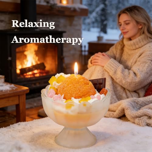 Decorative Ice Cream Sundae Candle, Mango Coconut Scented, White Bowl Design with Orange Topping