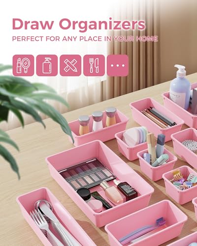 BiuLeon 25 PCS Plastic Drawer Organizers Set, 4-Sizes Vanity and Makeup Organizer, Desk and bathroom Drawer Organizer Tray...