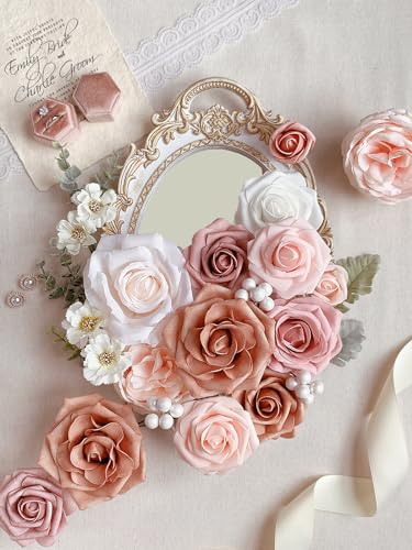 FACINOC Pink Rose Artificial Flowers Dusty Fake Flower with Stems Bulk for DIY Wedding Bouquets Bridal Baby Shower Centerp...