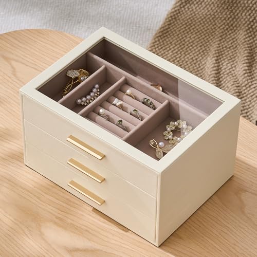 pickpiff Jewelry Box Organizer Case for Women: 3-Layer Jewelry Storage Case with Glass Window, Ivory Leather with Pink Vel...