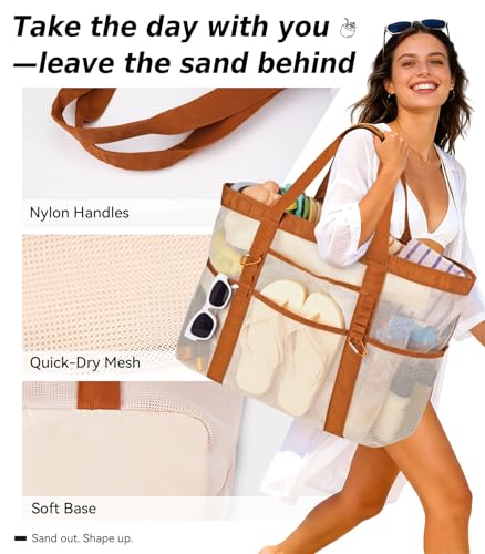 Yeendibo 2026 Chic & Spacious XX-Large Beach Bag for Women — Mesh × Canvas Tote with Top Zipper, 11 Pockets, Detachable Po...