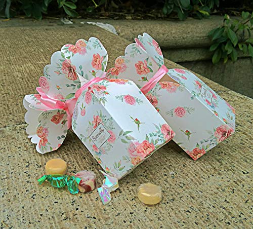 Lontenrea 50 Pcs Floral Pattern Candy Boxes Wedding Birthday Party Favor Gift Box with 50pcs Light Pink Ribbon