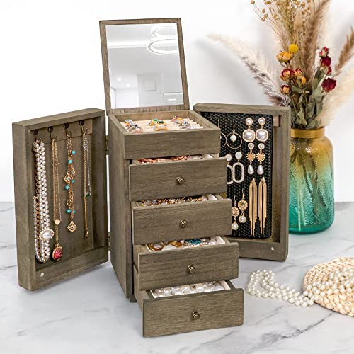 Meangood Jewelry Box Wood for Women, 5-Layer Large Organizer Box with Mirror & 4 Drawers for Rings, Earrings, Necklaces, V...