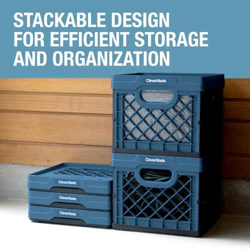 CleverMade Collapsible Milk Crate 25L (6.6 Gal), 50 lb Capacity Heavy Duty Folding Crate – Stackable Storage Crates with F...