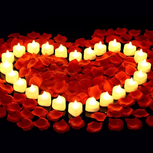 cridoz 2000 Pieces Artificial Rose Petals with 24 LED Tea Lights Candles, Romantic Decorations Special Night Set for Nigh...