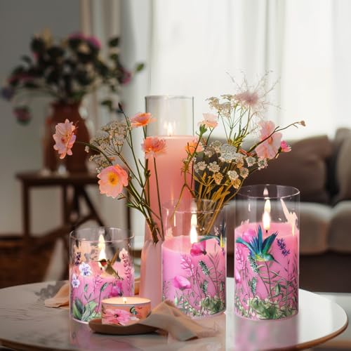 Eywamage Pink Hummingbird Floral Glass Flameless Candles with Remote, Flickering Battery LED Pillar Candles Set of 3, Spri...